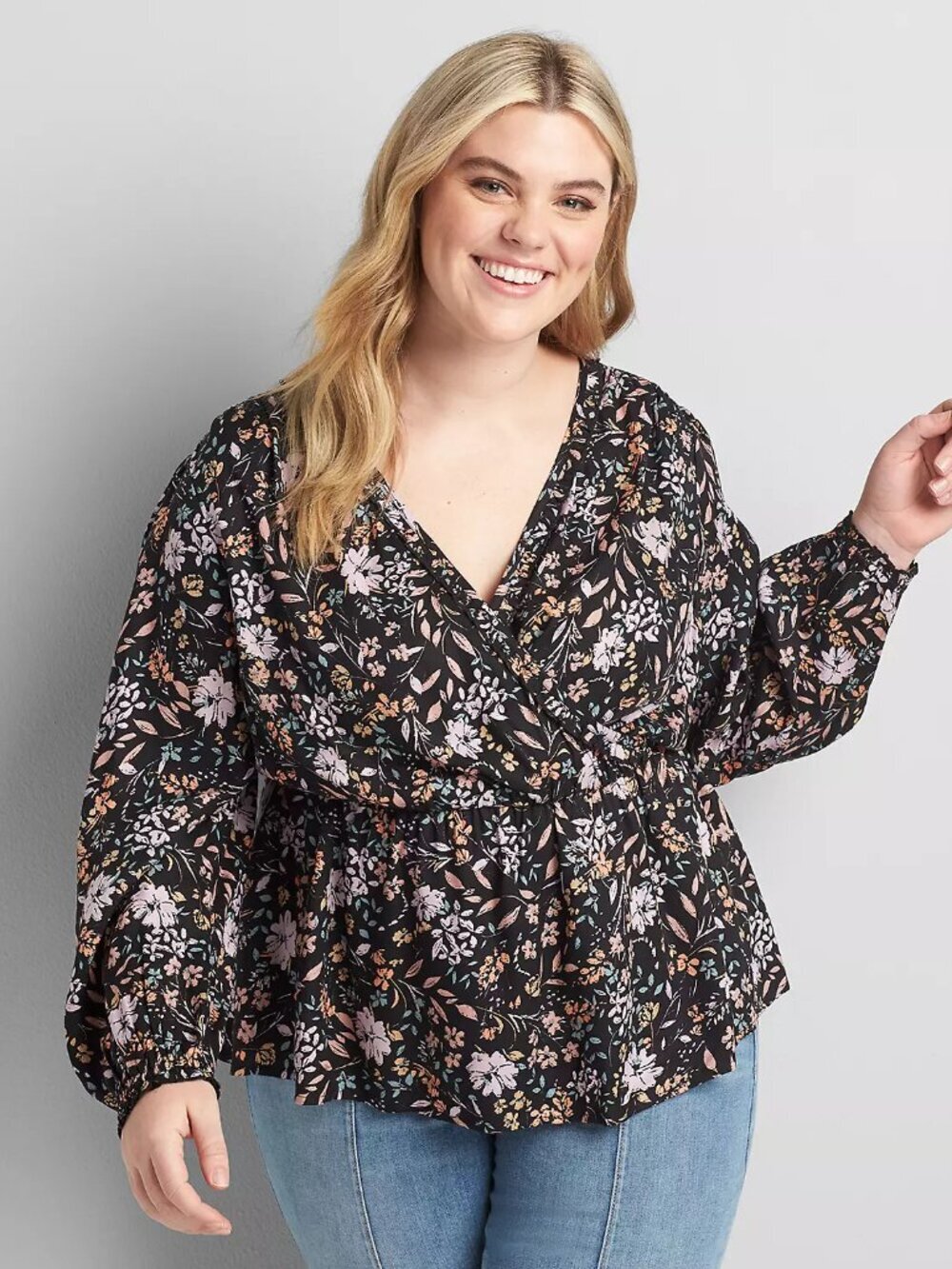 Lane Bryant Black Floral Ruffle Surplice Peplum Blouse in Size 18/20 (2X)